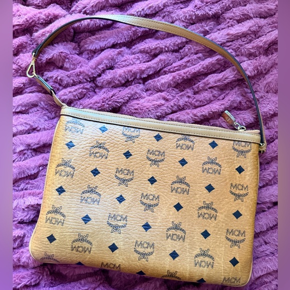 MCM Handbags - MCM Cognac Visetos Monogram Leather Wristlet with Black Accents